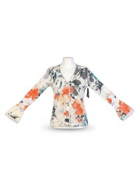 Jones New York Womens Multicolor Linen Blend Floral Knit Cardigan Size S